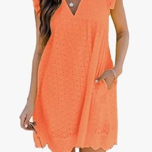 Orange Romper Dress w/Shorts V-Neck Lace Eyelet Mini Dresses with Pockets size L